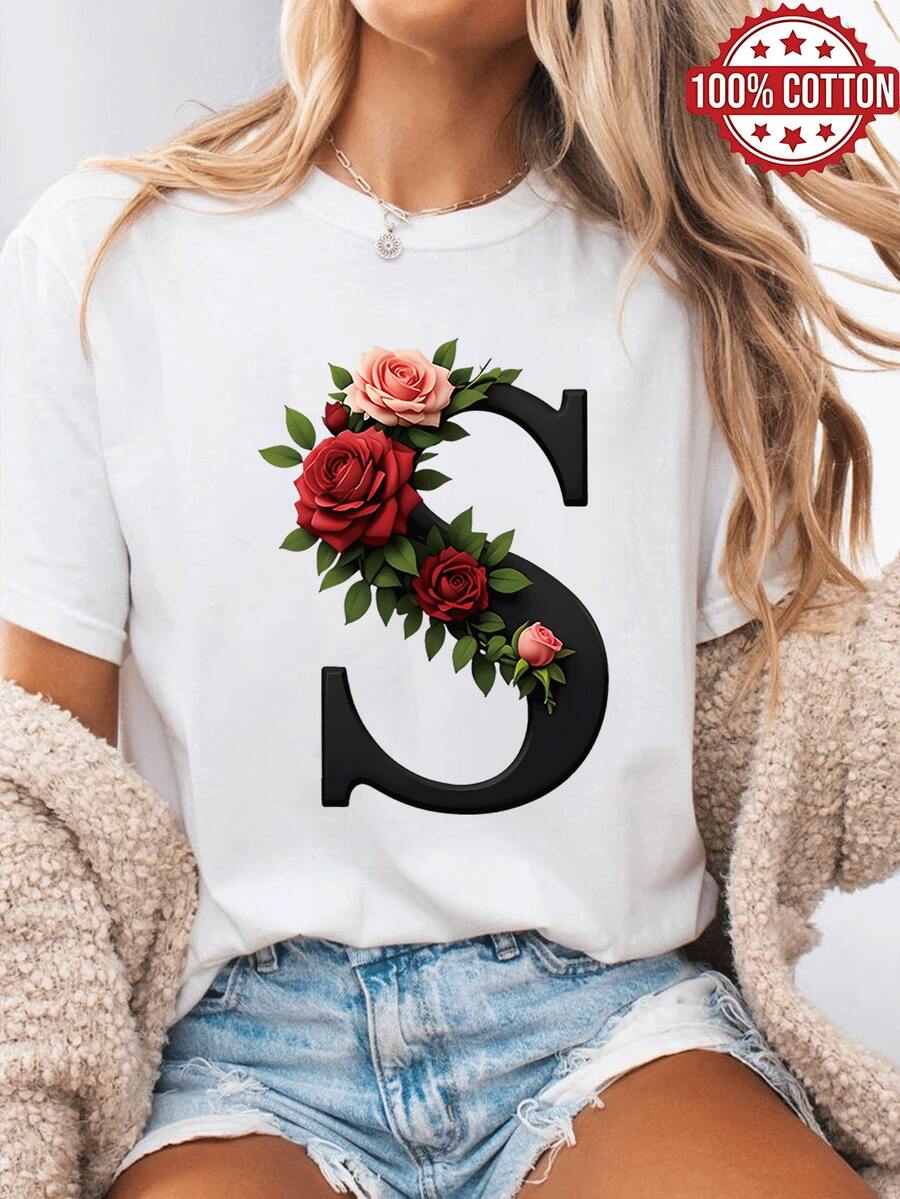 1PC 100% Cotton Letter S Floral Print Women's Crewneck Tshirt, Fashionable Street Style Tee, Perfect Holiday Gift, Birthday Gift, Suitable For Daily Wear. - White - View 1
