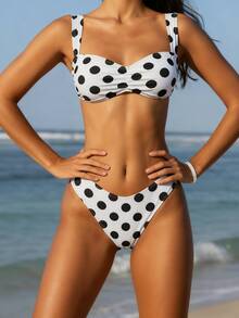 New 2-Piece Swimsuit, Casual Cute Sexy Backless Hollow-Out Vacation Style Beach Travel Summer - Black Dots On White Background - View 4