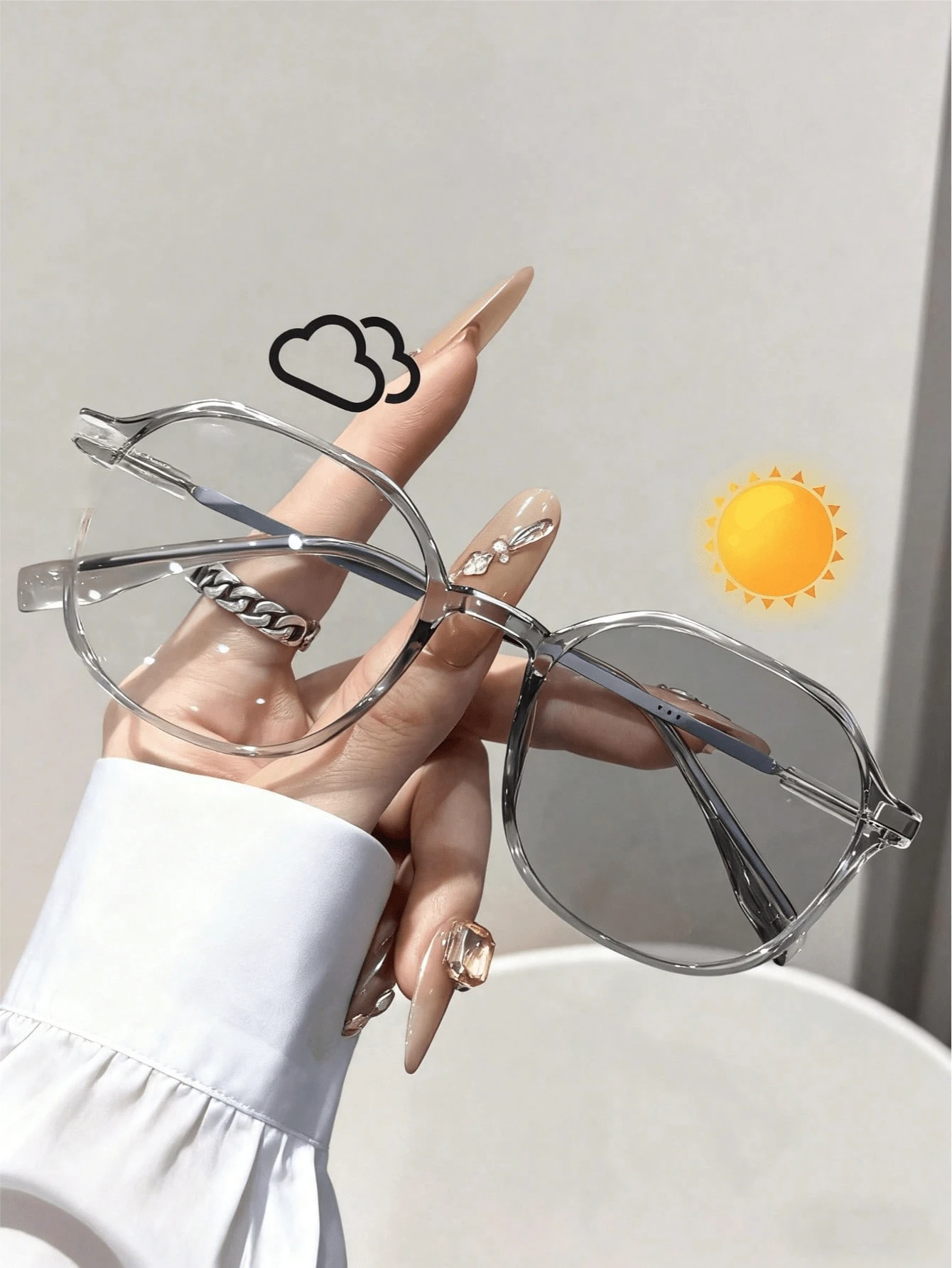 1副几何全框个性化优雅太阳镜，基础款女士时尚眼镜，适合夏季日常生活、约会装扮、外出装扮、假日礼物、户外配饰 - 無色 - 查看 1