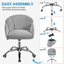 Butterslay 1PC Modern Velvet Upholstered Desk Office Vanity Chair Armrests 360° Swivel Rolling Height Adjustable Tilt Dual-Layer Cushion For Home Office Bedroom, Dark Gray/Light Gray/Snowy/Pink - 淺灰色 - 查看 6