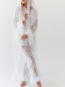 Womens Valentine's Day See Through Lace 2 Piece Outfits Feather Trim Long Sleeve Button Down Mesh Shirts And Pants Set - 白色 - 查看 6
