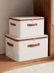 1/2 Pack Zippered Fabric Storage Box, Foldable & Washable Closet Organizer, With Handle (Beige) - Beige - View 12