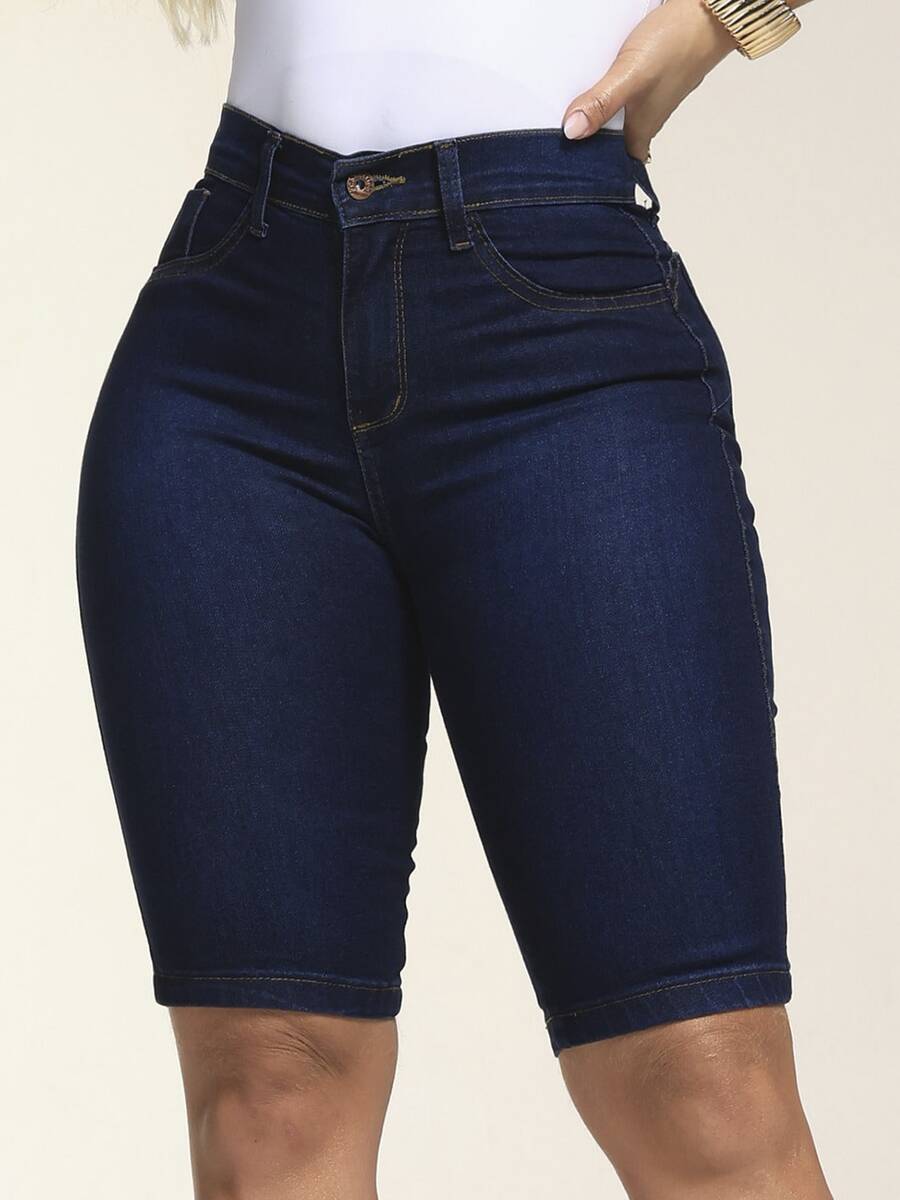 Women's Denim Cycling Shorts With Elastane, Butt-Lifting Design - Dark Blue - View 1
