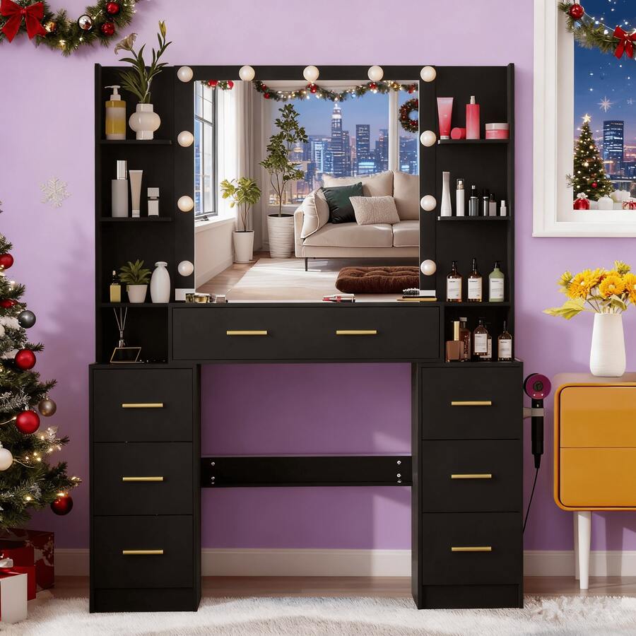 Large Dressing Table With Mirror 11 LED Light 7 Drawers Black Vanity Makeup Desk - Black - View 1