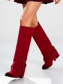 Women's Knee High Boots Fold Over Mid Calf Boots Wide Calf Pointed Toe Chunky Heel Boots Autumn Winter Dress Shoes - Đỏ - Xem 1