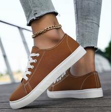 Women's 4 Season Canvas Casual Flat Shoes, Korean Fashion, Versatile White Sneakers - 棕色 - 查看 2