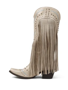 Women's Fringe Cowboy Boots Pointed Toe Chunky Heel Pull On Western Wide Calf Shoes Embroidered Tassal Cowgirl Boot With Riveted Design For Halloween Christmas - 米色 - 查看 2