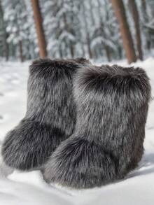 Stylish Personalized Winter Boots For Women - Adorable Spicy Girl Mid-Length Snow Boots, Cozy And Warm,Fluffy Boots - 灰色 - 查看 2