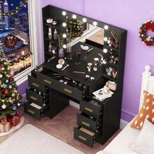 Large Dressing Table With Mirror 11 LED Light 7 Drawers Black Vanity Makeup Desk - Black - View 5