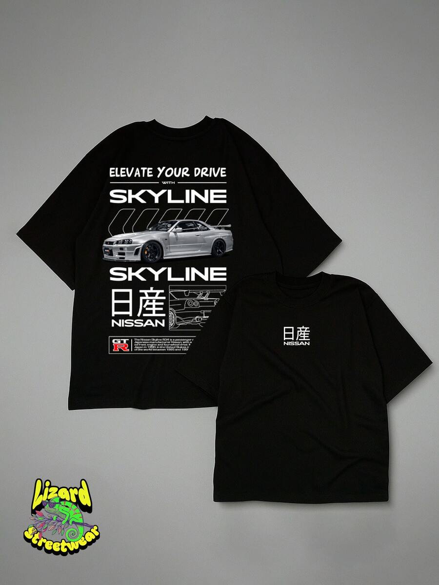 Silver Nissan Skyline T-Shirt, Cars Collection, Motorsports, Street Vehicles, Unisex Shirt/Blouse, Men's/Women's, 100% Cotton, Premium Top, Streetwear, New Release, Various Colors!! Plus Size - 黑色 - 查看 1