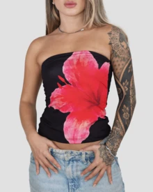 Printed Cropped Slim Fit Strapless Casual Basic Floral Print Tube Top - Aitona - 黑色 - 查看 2