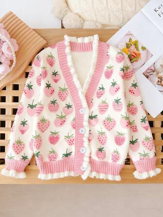 M.Dian xi Girls V-Neck Cardigan, 2025 Spring & Autumn New Korean Version Children's Clothing, Lace Strawberry Fleece Sweater, Children's Winter Warm Jacket