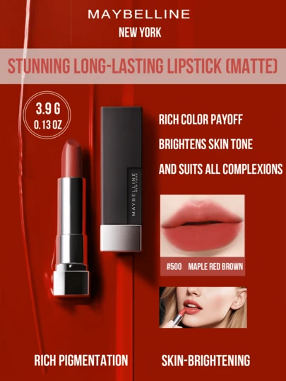 Maybelline 迷人持久哑光唇膏 #500 枫叶红棕色 3.9克/0.13盎司，丝绒哑光质地，显色浓郁，提亮肤色，适合所有肤色，轻轻一抹即可呈现饱满鲜艳的色彩，温暖的底色更添迷人魅力。三步轻松上妆：旋转涂抹，晕染勾勒唇形，打造奢华日常唇妆，持久持妆一整天。优雅钢琴漆哑光喷雾粉包装，旅行必备，随时随地轻松上妆。