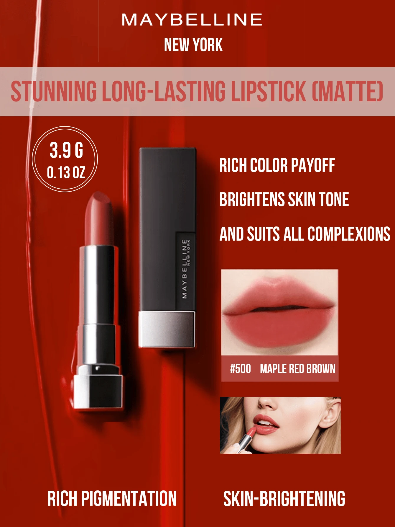 Maybelline SuperStay 霧面唇膏 #500 楓紅棕 3.9g，絲絨霧面妝效，顯色濃郁，提亮氣色，持久顯色，適合所有膚色