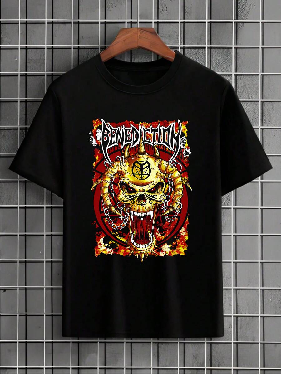 Camiseta Benediction Banda De Rock Musica Internacional Cachorro Camisa Blusa Unissex Masculino Feminino 100% Algodão Lançamento Envio Imediato Preto Branco Plus Size - Preto - Visão 1