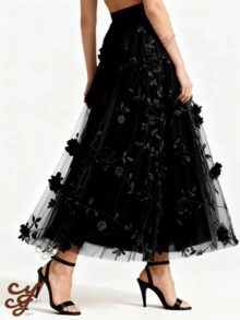 Midi Tulle Skirt With Elegant 3D Flowers - Various Colors - Sizes S To XL - 黑色1 - 查看 1