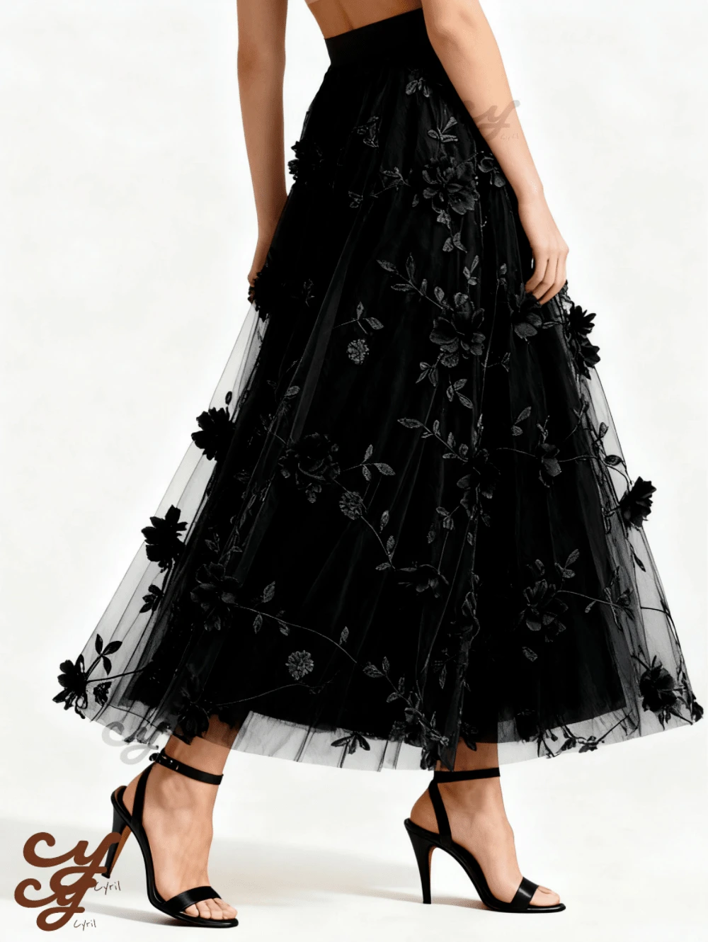 Midi Tulle Skirt With Elegant 3D Flowers - Various Colors - Sizes S To XL - 黑色1 - 查看 1