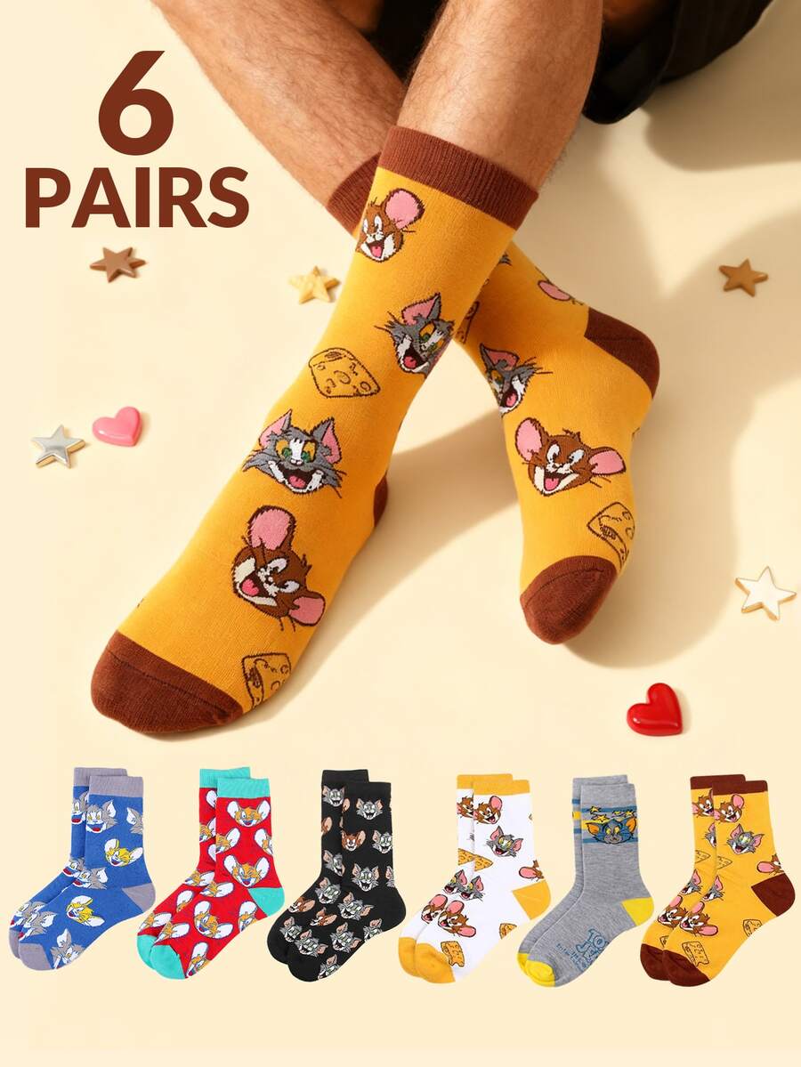 1 par de calcetines de dibujos animados Tom y Jerry de Warner Bros, calcetines deportivos suaves y cómodos para hombres y mujeres, calcetines para todas las estaciones, calcetines con diseño de dibujos animados creativos de Tom y Jerry para hombres y mujeres, versátiles, suaves y cómodos - Multicolor - Ver 1