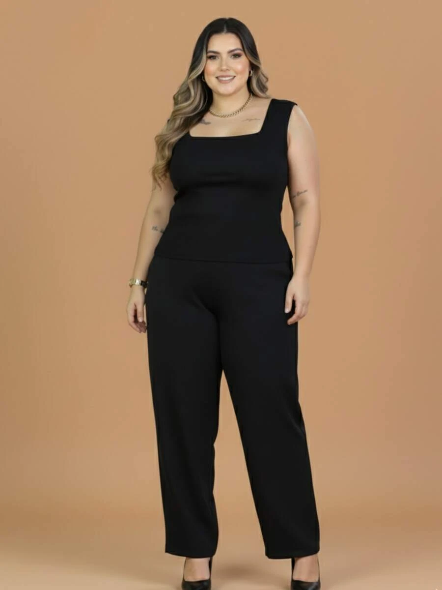 Women's Plus Size Tank Top With Square Neckline, Lined, Elegant - màu đen - Xem 1