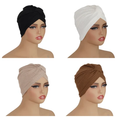 4件套穆斯林女士头巾，华夫格提花面料，触感柔软，秋冬头巾，时尚基础帽，家居服