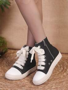 女士高帮靴，透气舒适，轻便，圆头设计，多功能侧拉链系带靴，适合秋冬季穿着