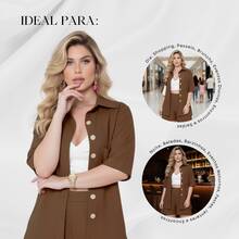 Women's Set Short Sleeve Shirt And High Waist Linen Bermuda Shorts - Rust Brown - View 5
