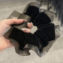 Rhinestone Scrunchie, New Velvet Hair Tie, Large Elastic Hair Scrunchie, Hair Accessories For Women ,Scrunchy Hair Ties Head Accessories Ponytail Holder - Black - View 4