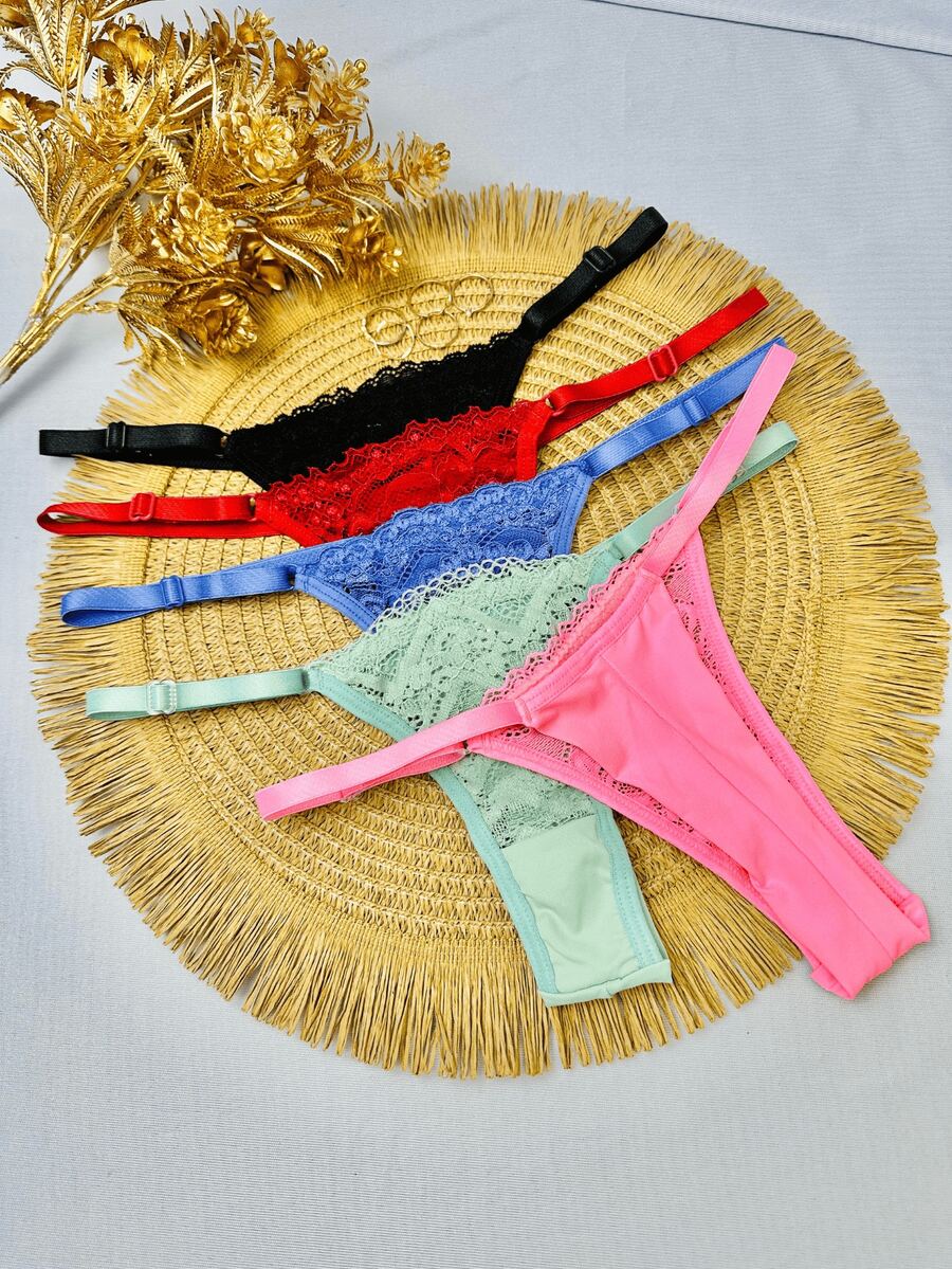 Set Of 5 Double String Panties With Lace In Microfiber And Adjustable Straps - Women's Thong Lingerie - 彩色 - 查看 1