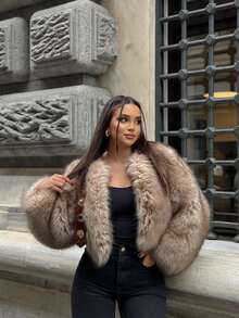 女士优雅时尚上衣 – 纯色米色蓬松短款冬季外套：质地柔软，款式时尚，完美适用于感恩节、圣诞节、新年、婚礼、生日派对和约会。 - 杏色 - 查看 10