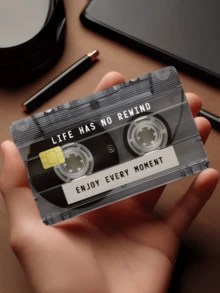 1个创意磁带造型信用卡夹，附赠励志贴纸“人生没有重来，享受每一刻”，PVC材质，防指纹，耐用防刮，男女通用，可收纳小型芯片卡、银行卡、信用卡、交通卡、学生证等，DIY