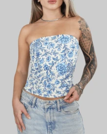 Printed Cropped Slim Fit Strapless Casual Basic Floral Print Tube Top - Aitona - 藍白花卉 - 查看 3