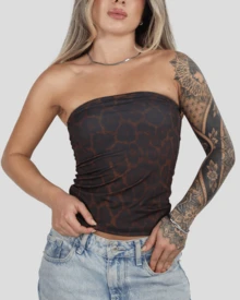 Printed Cropped Slim Fit Strapless Casual Basic Floral Print Tube Top - Aitona - 豹 - 查看 4