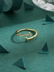 1pc Copper Zirconia Crystal Double T-Shape Open Ring For Women - A - View 4