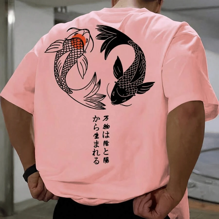 Men's 100% Cotton Carp Fish Orient Casual T-Shirt - 粉色 - 查看 1