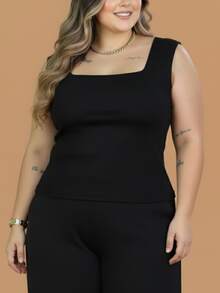 Women's Plus Size Tank Top With Square Neckline, Lined, Elegant - màu đen - Xem 3