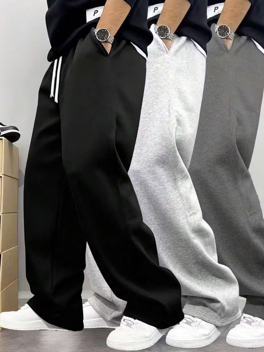 1 pieza Pantalones anchos casuales y sueltos de unicolor para hombres, con cintura con cordón y bolsillos grandes, adecuados para caminar a diario, trabajar, viajar y otras ocasiones - Negro - Ver 1