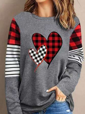 大码女式心形格纹印花休闲套头卫衣，适合日常通勤穿着。