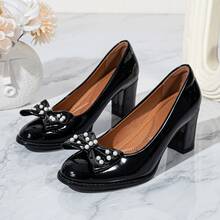 Comfortable Round Toe Chunky Heel Pumps - Women's Elegant Slip-On Shoes - Bow Rhinestone Design, Suitable For Office, Party, Daily Wear - Available In Glossy Black/Matte Black/Burgundy Glossy Finish - Simple Versatile 3 Colors