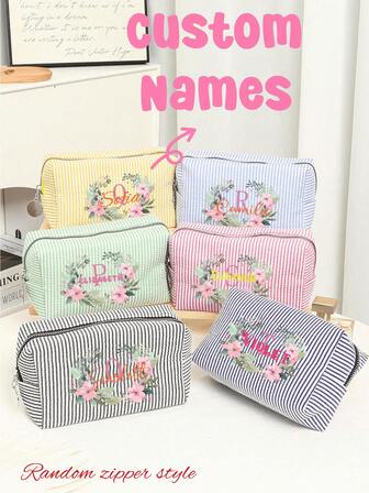 Bolsa de maquillaje personalizada de seersucker con 26 letras para elegir, bolsa de maquillaje personalizada con nombre, organizador de bolsa de maquillaje personalizada, adecuada para almacenamiento de artículos de tocador portátiles de viaje, regalo para despedida de soltera, organizador de cosméticos, regalo para dama de honor, regalos para fiesta nupcial, regalo para ella, bolsa de artículos de tocador personalizada, bolsa de cosméticos