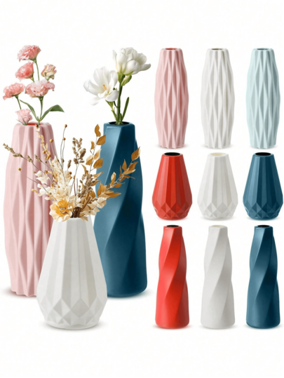 Yapay Çiçeklerle 1 Adet PE Plastik Saksı Vazosu, Masaüstü Dekoratif Vazo, Taze ve Kurutulmuş Çiçekler İçin Uygun, Ev ve Ofis Dekorasyonu