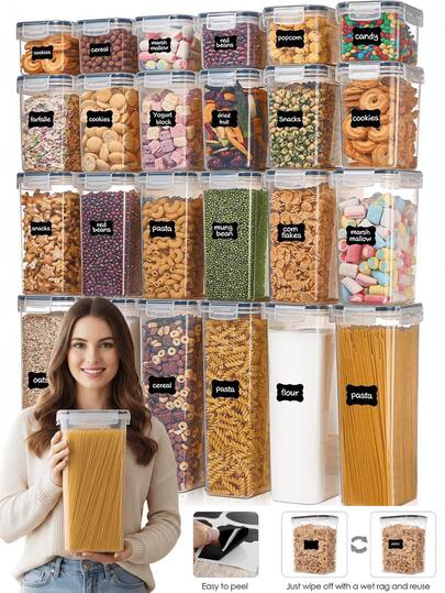48Pcs Food Cans + LIDS, Sealed Food Storage Containers With LIDS, Labels And Markings, Plastic Kitchen Storage Containers For Sugar, Flour And Baking Supplies, Kitchenware