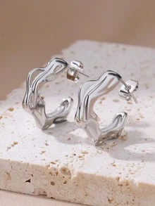 1 par de pendientes irregulares en forma de C para mujeres, de color dorado, de acero inoxidable con diseño geométrico de onda, regalos de joyería para bodas y fiestas - Multicolor - Ver 11