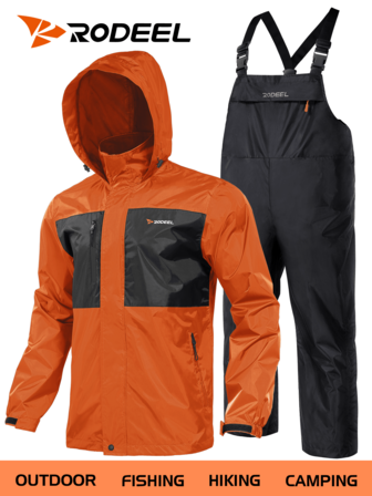 RODEEL Men's Waterproof Fishing Rain Suit Windproof Breathable Quick-Drying Multi-Pocket Design With Hook-And-Loop Sleeves Adjustable Overalls Perfect For Outdoor Enthusiasts