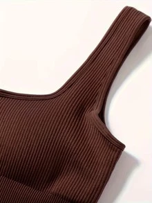 Body de una sola pieza de mujer con costillas sólidas y elásticas - Almohadillas extraíbles, parte inferior con botón a presión, diseño ajustado suave para uso diario, fitness y eventos - Marrón - Ver 5