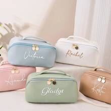 客製化皮革刺繡化妝包，可繡姓名，伴娘婚禮禮品袋，PU盥洗包，新娘婚前派對化妝收納袋 - 杏色 - 查看 3