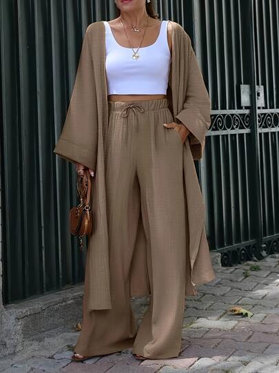 Women'S Casual Loose Fit Shirt And Pants Set, Elegant Solid Color Long Sleeve Button-Up With Wide Leg Trousers, Button Detailing|Relaxed Fit|Buttonup Jacket