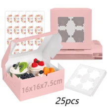 CASALIVA 25 piezas Cajas para pasteles estilo Ins, Cajas de panadería rosa con ventana, cajas individuales para cupcakes de 16x16x7.5cm, cajas de galletas kraft pequeñas cajas de golosinas para Dulces para Pasteles, Bodas, Cumpleaños - Rosa - Ver 10