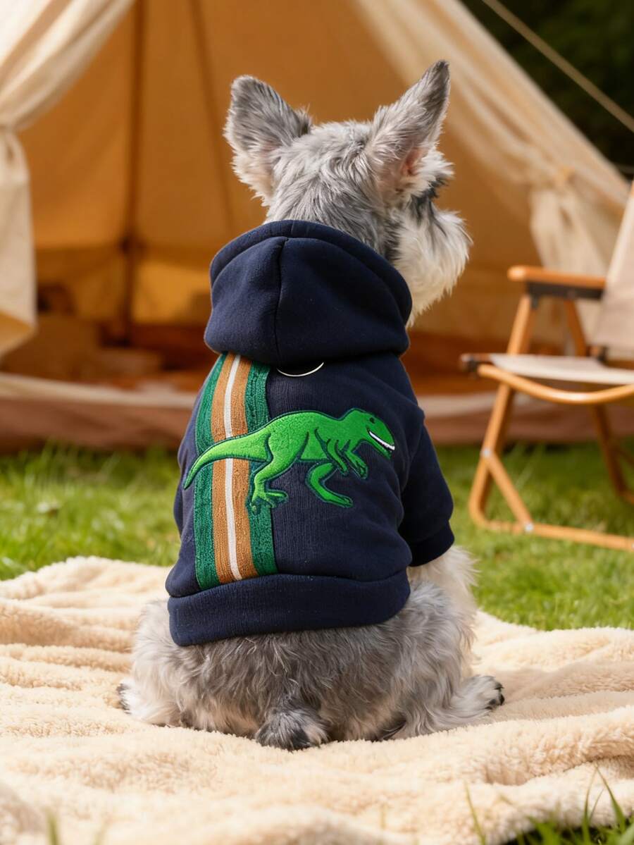 PETCIRCLE 1pc Pet Clothes Dog Cat Apparel Small Dog Puppy Cute Pet Autumn Winter Warm Casual Top Windproof Cold-Proof Adventure Dinosaur Sweatshirt - Navy Blue - Navy Blue - View 1