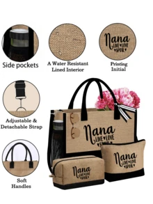 Bộ 3 túi tote vải lanh Nana, bao gồm túi đựng mỹ phẩm, với họa tiết chữ Nana hình trái tim, túi xách thời trang, ví nhỏ, túi tote tối giản dung tích lớn, túi tote đựng đồ thường ngày tiện dụng, túi đeo vai đa chức năng, túi xách tay, túi đựng đồ du lịch thời trang, túi vệ sinh cá nhân, món quà hoàn hảo cho các dịp lễ, sinh nhật, ngày Valentine, năm mới. - Nhiều màu - Xem 8