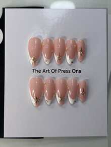 10片杏仁形美甲贴纸，优雅法式美甲风格，带边缘、星光、珠子、珍珠和水钻，全覆盖可卸假指甲套装，适合办公室女士、学生、派对女孩和所有季节，包括1瓶凝胶指甲油和1个指甲锉。 - Follow Your Heart - 查看 4